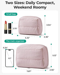 BAGSMART Puffy Padded Travel Makeup Bag Duo Large & Small for Women, Pink