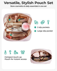BAGSMART Puffy Padded Travel Makeup Bag Duo Large & Small for Women, Pink