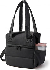 BAGSMART Double Deck Lunch Bag Women, Insulated Reusable Lunch Box, Quilted Puffer Lunch Tote with Shoulder Strap, Durable Large Lunch Cooler For Work Picnic Travel Meal Prep Flight, Black