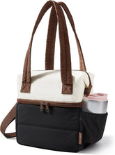 BAGSMART Double Deck Lunch Bag Women, Insulated Reusable Lunch Box, Quilted Puffer Lunch Tote with Shoulder Strap, Durable Large Lunch Cooler For Work Picnic Travel Meal Prep Flight, Beige + Black