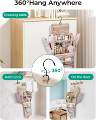 BAGSMART Puffy Travel Makeup Bag, Portable Hanging Toiletry Organizer with Removable Partition, Organizer for Travel-Sized Shampoo, Conditioner, Brushes Set, makeup Accessories, Camel