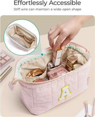 BAGSMART Birthday Gifts Personalized Initial Makeup Bag, Trendy Stuff Gifts for Women Bridesmaid Graduation, Puffy Padded Make Up Bags for Women, Wide-open Toiletry Bag, Pink A