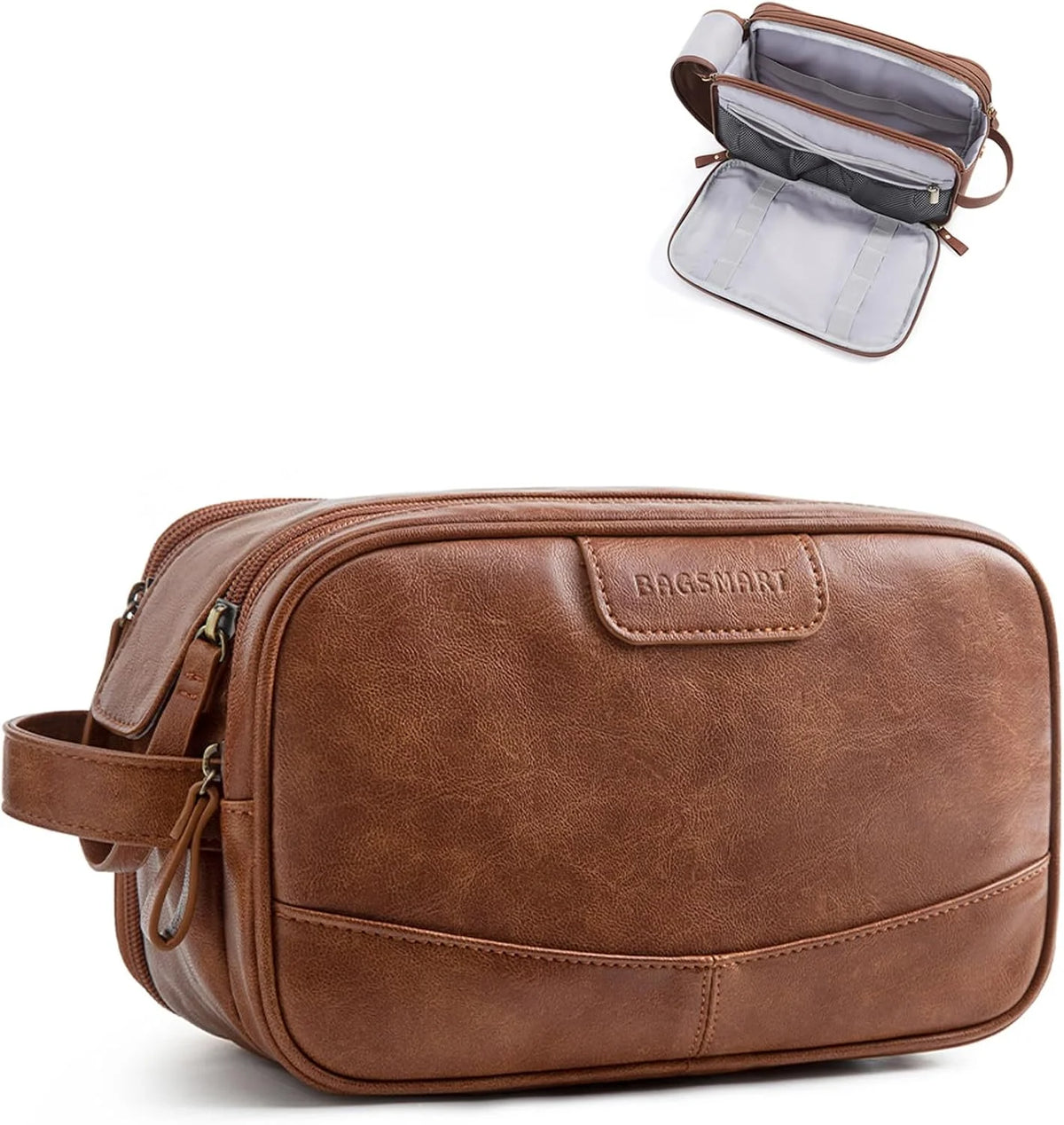 BAGSMART Large Toiletry Bag for Men, PU Leather Water Resistant, Red Brown