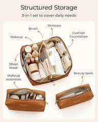 BAGSMART Makeup Bag Travel 3 Pcs Set Cosmetic Bag,Toiletry Bag,Coffee Brown