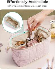 BAGSMART Puffy Padded Travel Makeup Bag, Wide-open Toiletry Bag, Dark Olive
