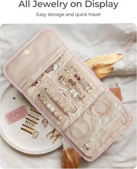 BAGSMART Travel Jewelry Organizer Case, Foldable Jewelry Roll for Necklaces, Earrings, Journey-Rings, Bracelets, Brooches, Portable, Pink