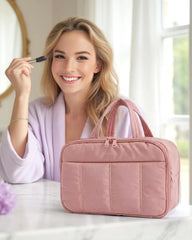BAGSMART Travel Toiletry Bag, Puffy Large Toiletry Bag for Women, Lightweight Cosmetic Makeup Bag Organizer with Handle for Traveling, Accessories, Essentials, Toiletries （Dark Pink