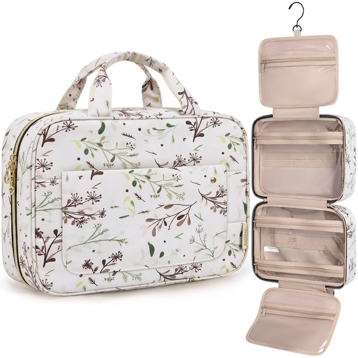 BAGSMART Toiletry Bag Travel Bag with Hanging Hook, Water-resistant Makeup Cosmetic Bag Travel Organizer for Accessories, Shampoo, Full-size Container, Toiletries (Beige Ditsy Floral, Medium)