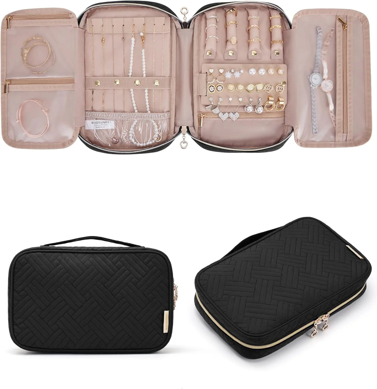 BAGSMART Jewelry Organizer Bag Travel Jewelry Storage Cases for Necklace, Earrings, Rings, Bracelet, Black