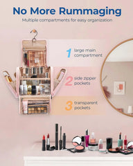 BAGSMART Makeup Bag for Women with Hanging Hook, Large Portable Capacity Water-resistant Organizer Travel Case for Toiletries and Cosmetics, Pink
