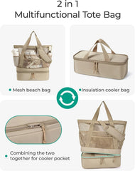 BAGSMART Beach Bag for Women, Mesh Tote Bags with Zipper, Sandproof Vacation Essentials with Cooler for Swim Cruise Pool