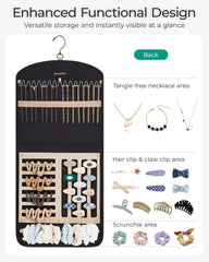 BAGSMART Hanging Jewelry Organizer Claw Clip Necklace Holder Roll for Hair Ties, Headbands, Clips, Earrings, Necklaces, Glasses Double-Sided on Closet, Wall, Door, 1 piece, Large-Black (Pack of 2)