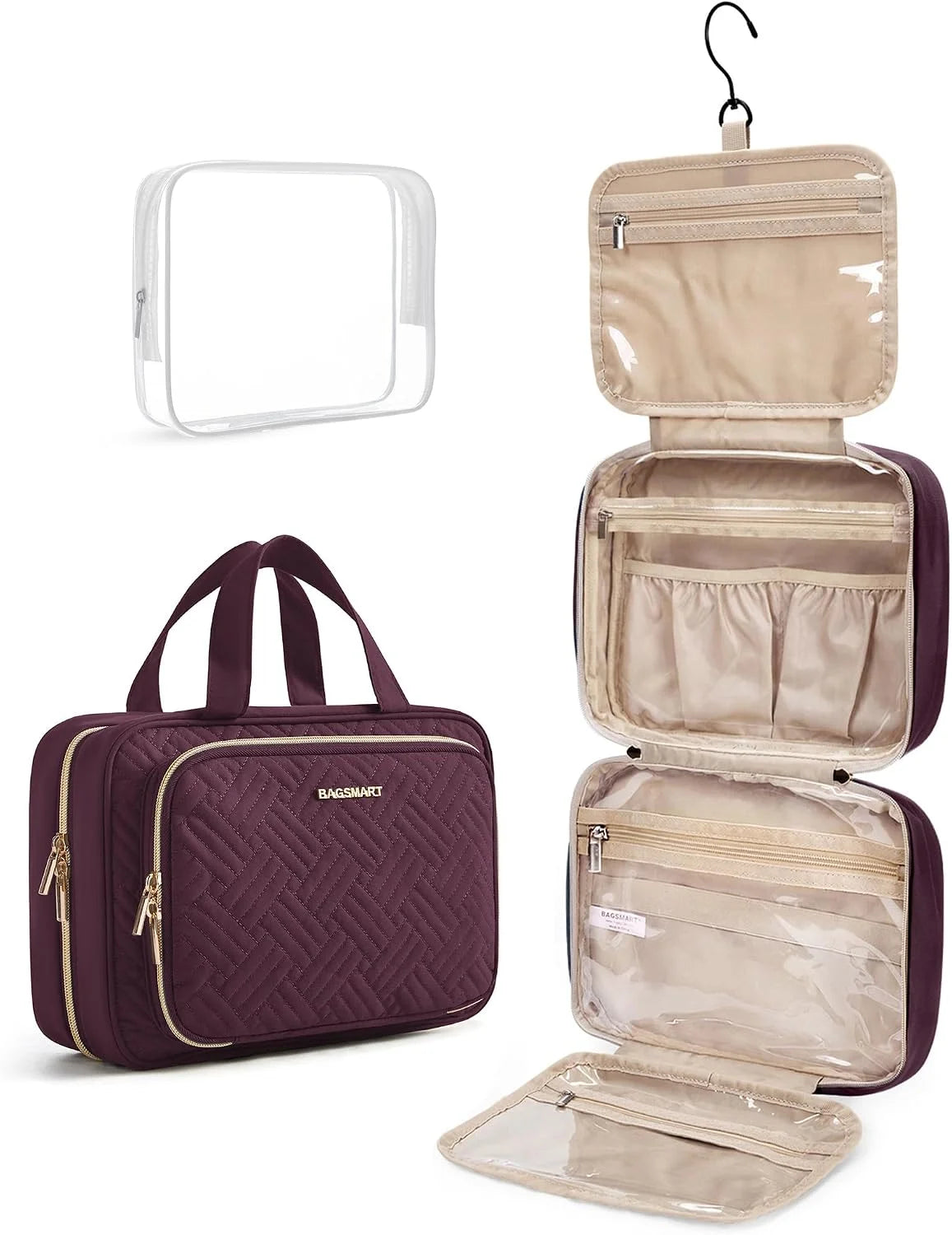 BAGSMART Toiletry Bag Hanging Travel Makeup Organizer with TSA Approved Transparent Cosmetic Bag Makeup Bag for Full Sized Toiletries（Cherry Red