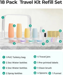 BAGSMART 18 Pack TSA Approved Travel Bottles for Toiletries, Leak Proof Silicone Travel Size Containers Bottles for Shampoo, Macaron