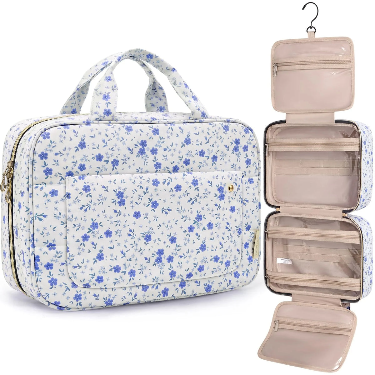BAGSMART Toiletry Bag Travel Bag with Hanging Hook, Water-resistant Makeup Cosmetic Bag Travel Organizer for Accessories, Shampoo, Full-size Container, Toiletries (Blue Ditsy Floral, Large)