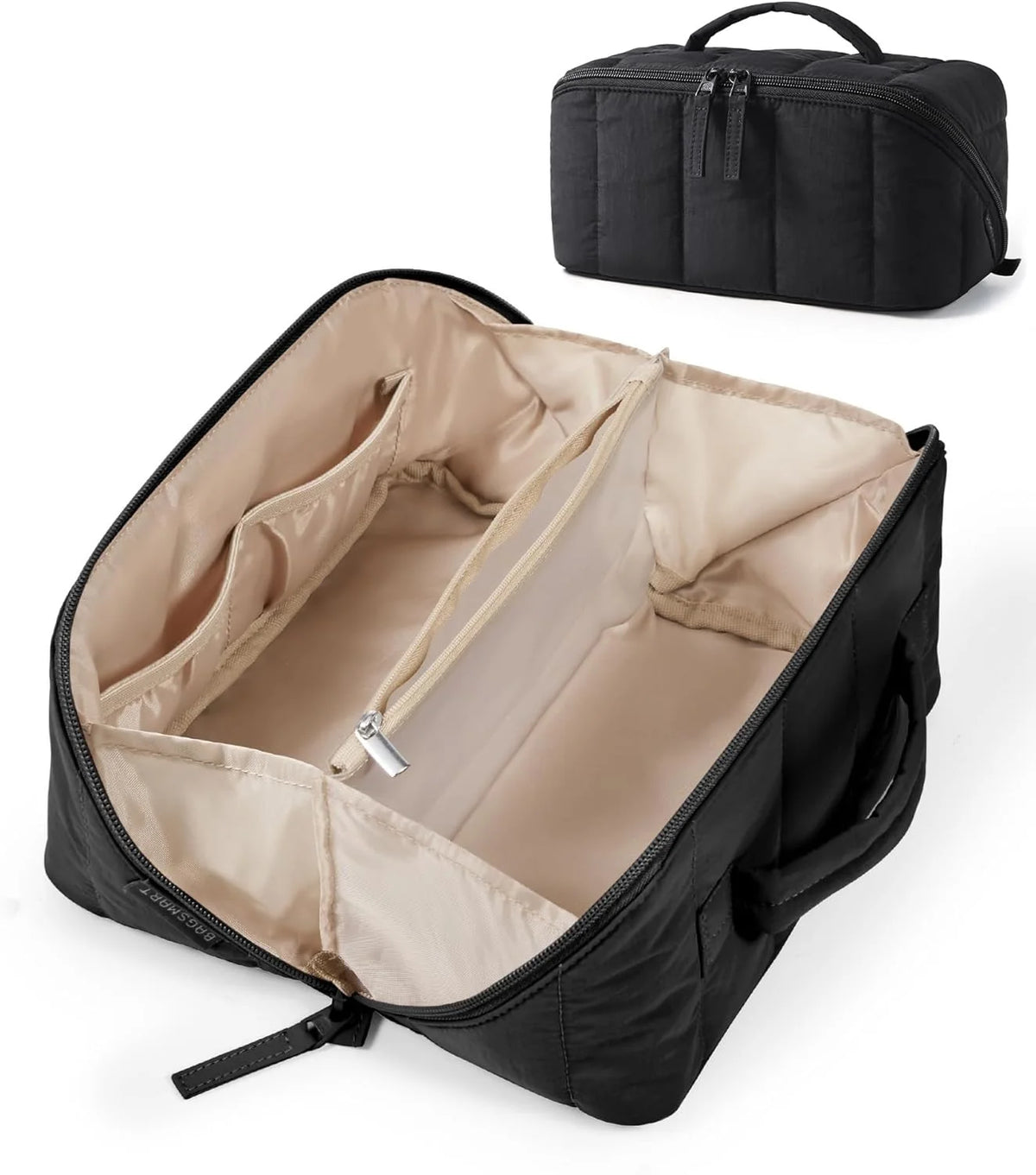 BAGSMART Puffy Travel Makeup Bag Toiletry Bag for Women, Black | Open Flat, Portable, Make Up Organizer, Water-resistant, Puffy Padded, For Toiletries, Brushes