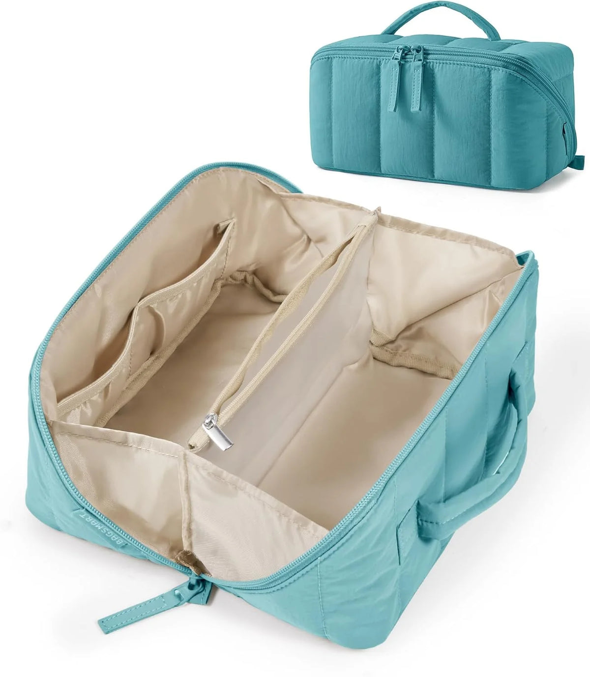 BAGSMART Travel Makeup Bag for Women, Portable Water-resistant Cosmetic Case, Puffy Padded Make Up Organizer Pouch, Open Flat Toiletry Bag for Toiletries, Brushes, Green