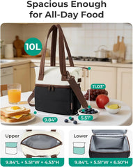 BAGSMART Double Deck Lunch Bag Women, Insulated Reusable Lunch Box, Quilted Puffer Lunch Tote with Shoulder Strap, Durable Large Lunch Cooler For Work Picnic Travel Meal Prep Flight, Black