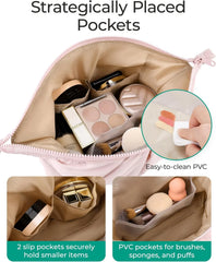BAGSMART Makeup Bag Travel Toiletry Bag, Cute Make Up Bag, Large Capacity Cosmetic Bags for Women, Wide-open Makeup Pouch Travel Essentials Toiletries Accessories Brushes (Pink)