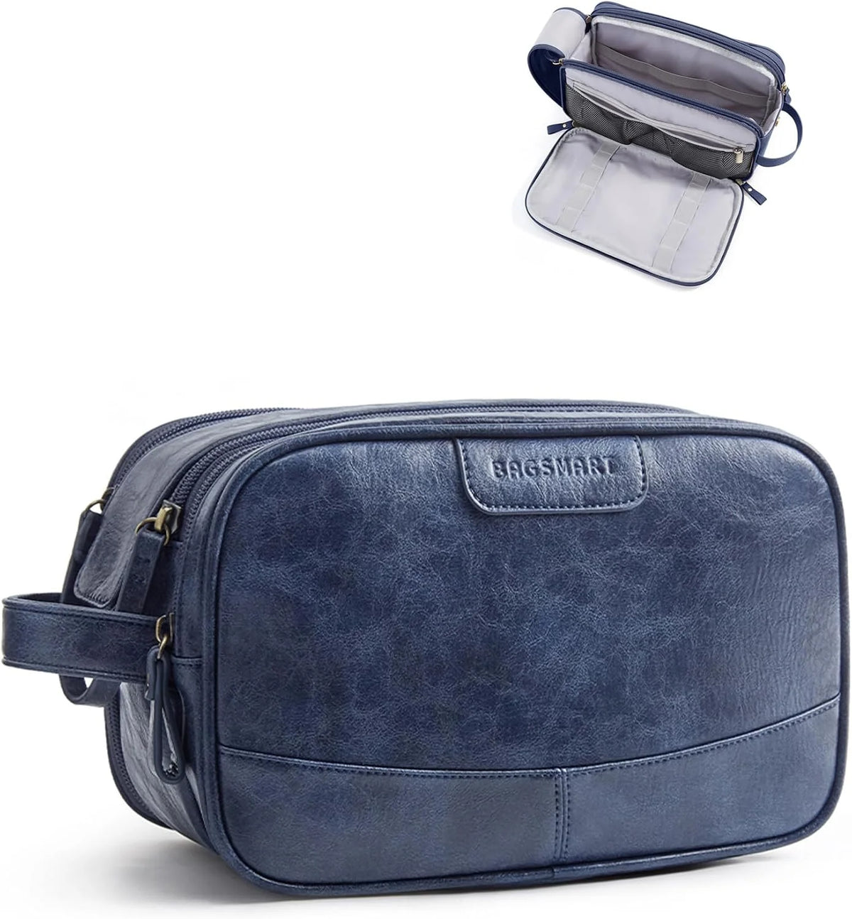 BAGSMART Large Toiletry Bag for Men, PU Leather Water Resistant, Navy Blue