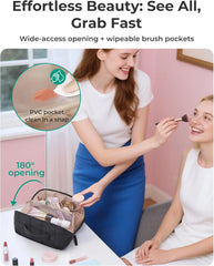 BAGSMART Travel Makeup Bag for Women, Portable Water-resistant Cosmetic Case, Puffy Padded Make Up Organizer Pouch, Open Flat Toiletry Bag for Toiletries, Brushes, Blue Ditsy Floral